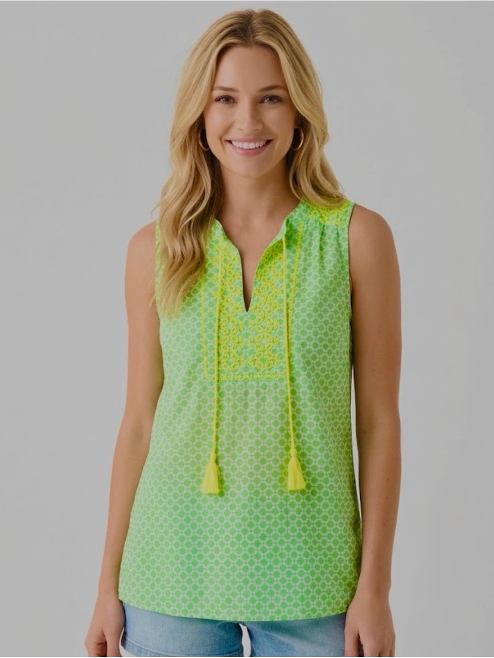 J. Crew Green Printed Tassel-Front Sleeveless Top